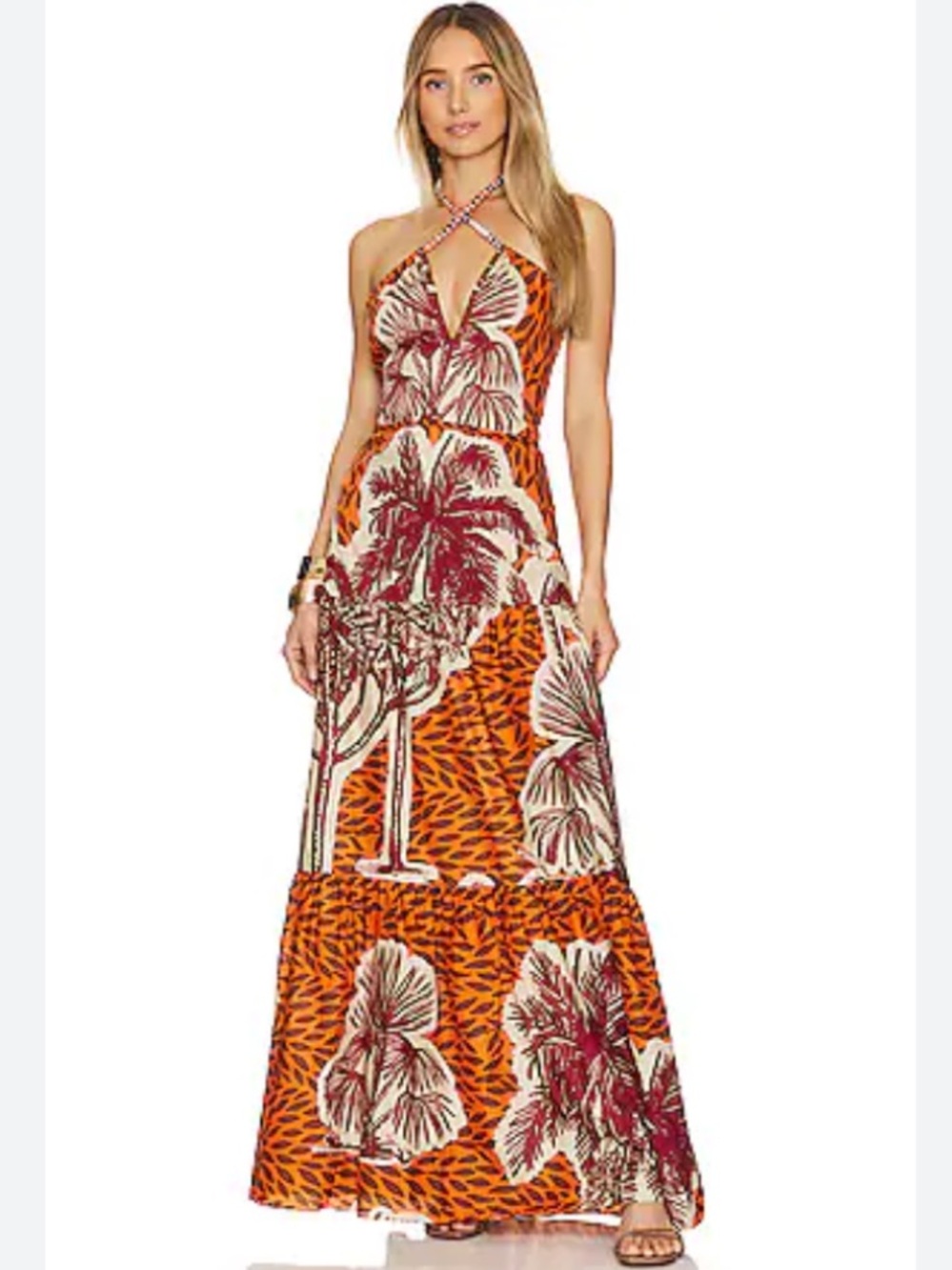 Johanna Ortiz Halter Maxi Tropical Dress in Rust Red, Cream & Orange
GORGEOUS 🌺